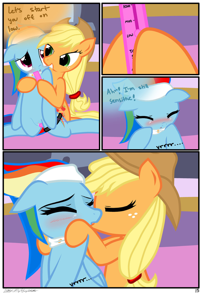 applejack_(mlp) blush comic cowboy_hat dialogue duo edit english_text equine female feral freckles friendship_is_magic green_eyes hair hat hi_res hisexpliciteditor horse kissing kneeling lesbian mammal multicolored_hair my_little_pony pegasus pony pussy pyruvate rainbow_dash_(mlp) rainbow_hair red_eyes sex_toy spa text vibrator wings