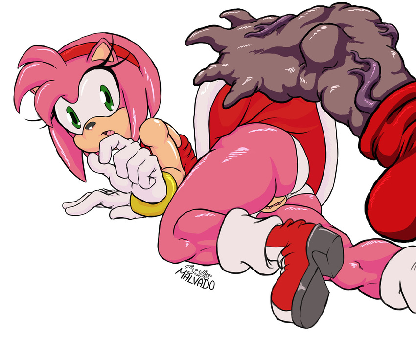 amy_rose anatomically_correct anatomically_correct_penis butt echidna female gloves green_eyes hairband hedgehog josemalvado knuckles_the_echidna male mammal monotreme penis pussy sega skirt sonic_(series) thick_thighs upskirt