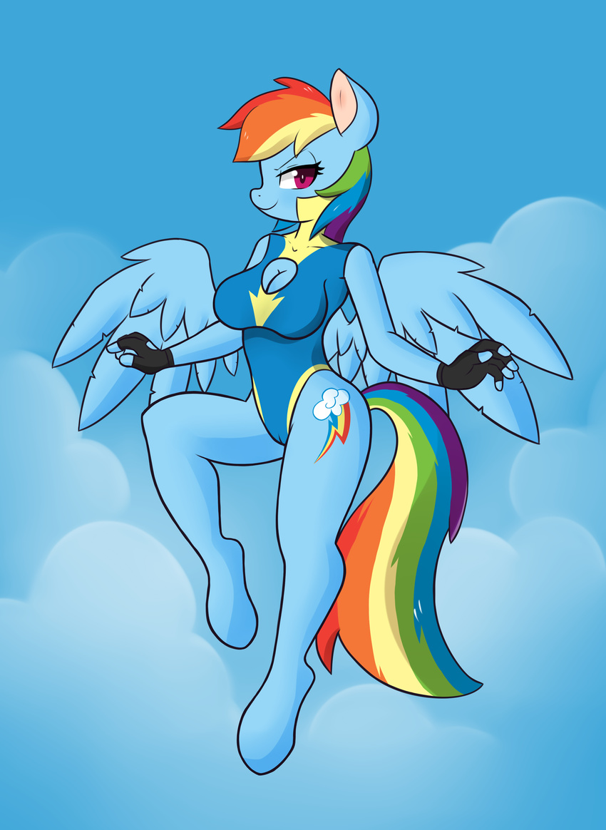 2014 anthro anthrofied bio-999 breasts camel_toe cleavage clothed clothing cloud cloudscape cutie_mark equine female fingerless_gloves flying friendship_is_magic gloves hair looking_at_viewer mammal multicolored_hair my_little_pony outside pegasus purple_eyes rainbow_dash_(mlp) rainbow_hair skinsuit sky solo wings