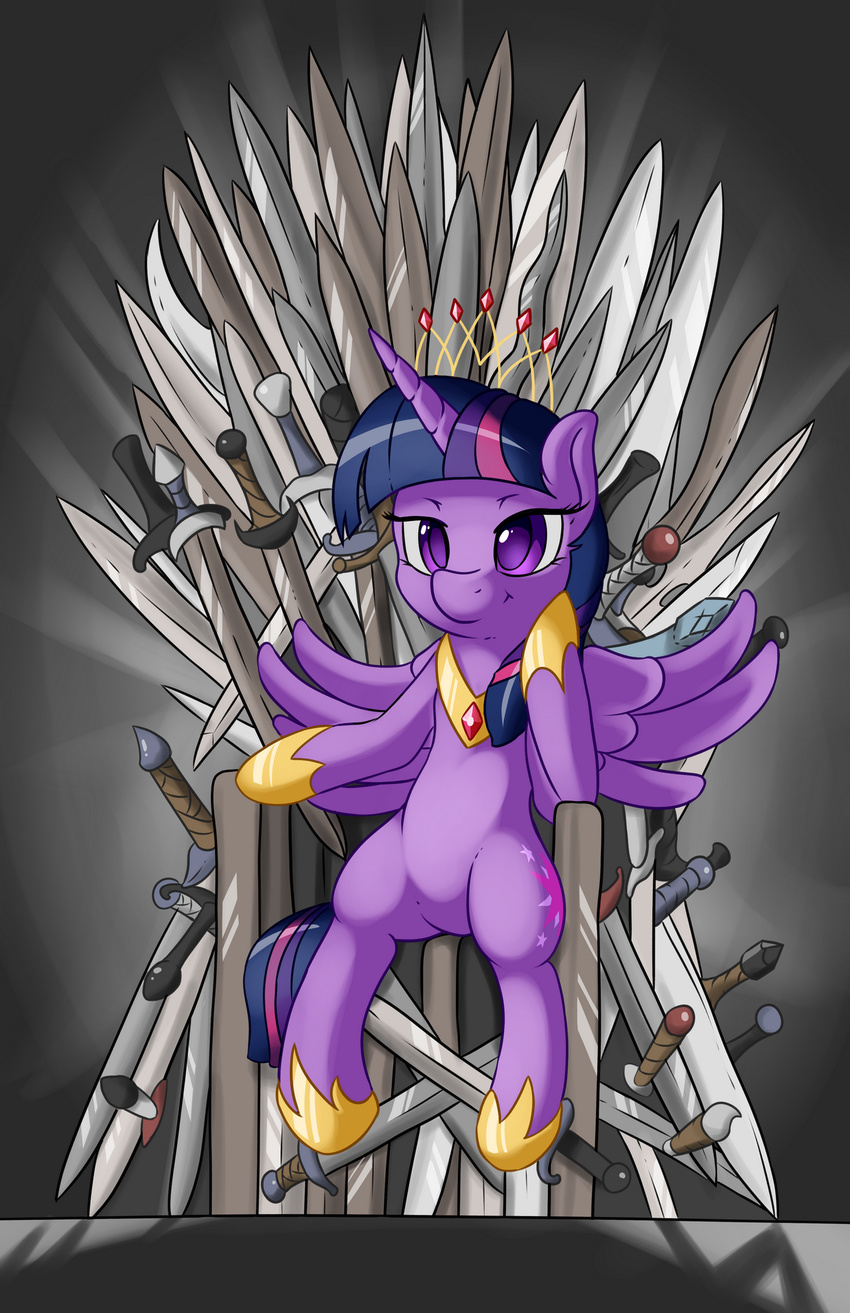 2014 crossover crown cutie_mark digital_media_(artwork) equine fearingfun featureless_crotch female feral friendship_is_magic fur game_of_thrones hair horn mammal my_little_pony purple_eyes purple_fur purple_hair smile solo sword throne twilight_sparkle_(mlp) weapon winged_unicorn wings