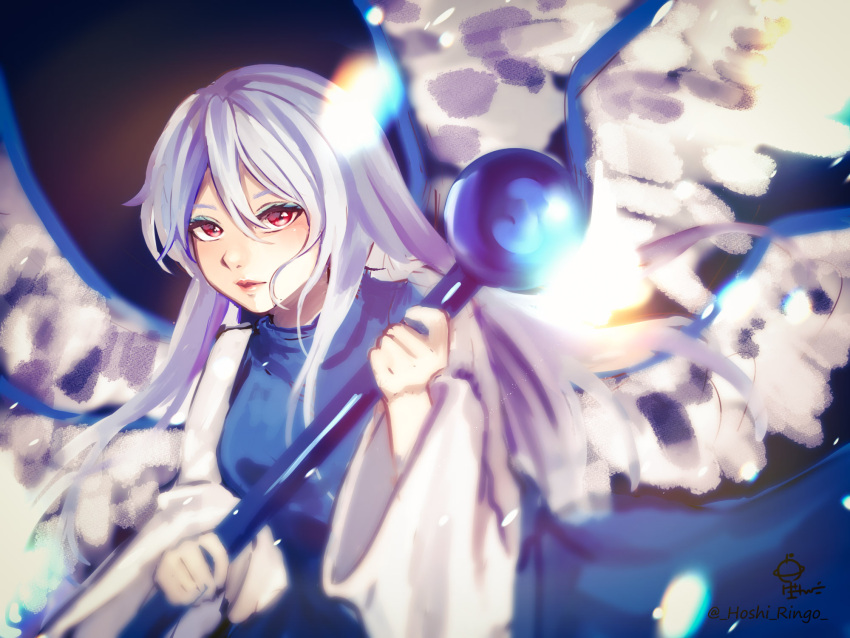 1girl angel angel_wings bangs blue_dress blue_hair breasts dress feathered_wings highres holding holding_staff hoshiringo0902 lips long_hair long_sleeves medium_breasts multiple_wings parted_lips pinafore_dress red_eyes sariel_(touhou) seraph shirt staff touhou touhou_(pc-98) upper_body very_long_hair white_shirt white_wings wide_sleeves wings