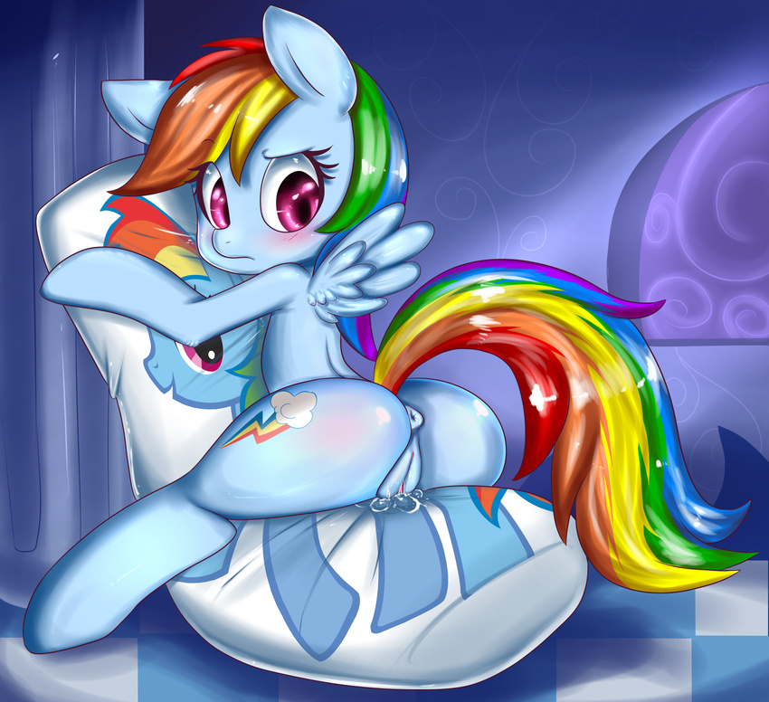 2014 anus blush cutie_mark equine female feral friendship_is_magic hair hearlesssoul hi_res looking_back mammal multicolored_hair my_little_pony pegasus pillow pussy pussy_juice rainbow_dash_(mlp) rainbow_hair rainbow_tail solo wings