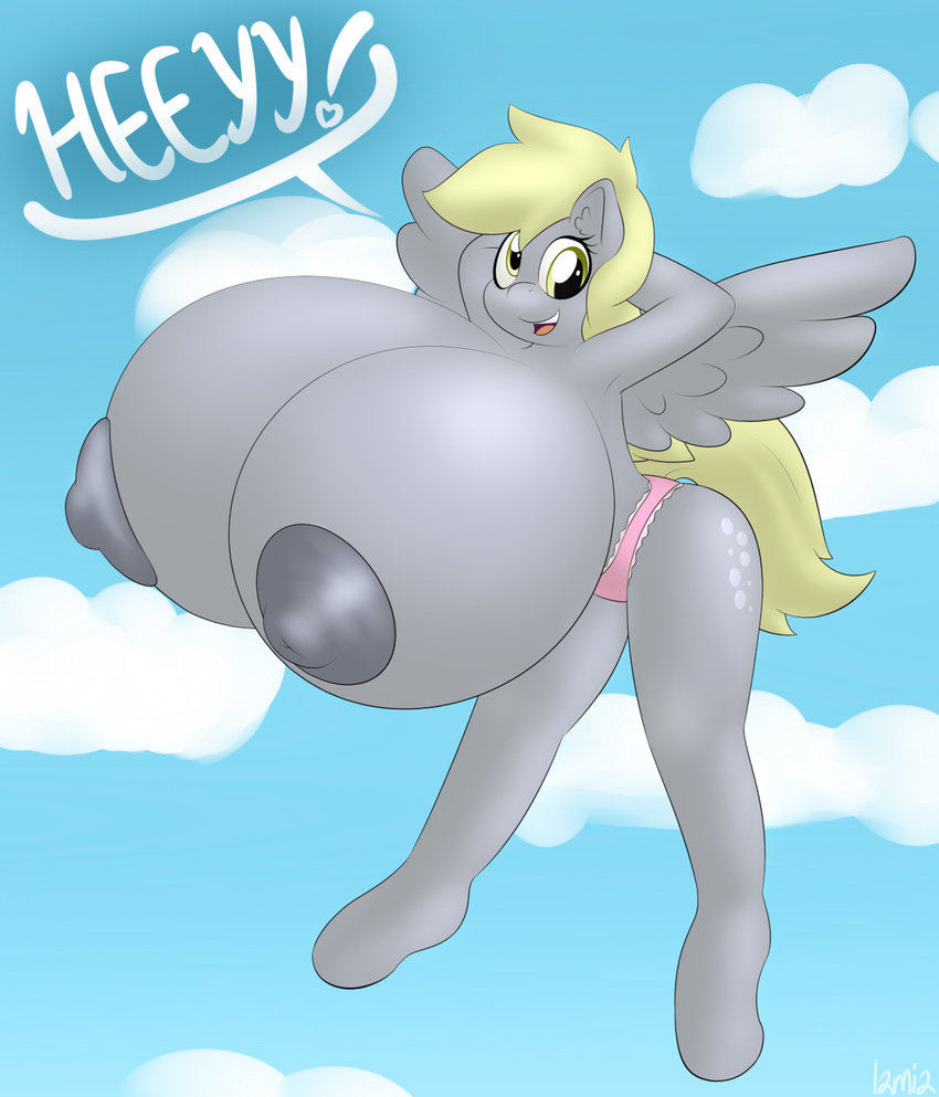 2014 anthro big_breasts blonde_hair breast_expansion breasts derp_eyes derpy_hooves_(mlp) english_text equine female friendship_is_magic fur grey_fur hair huge_breasts hyper hyper_breasts lamiaaaa looking_at_viewer mammal my_little_pony nipples pegasus solo text wings yellow_eyes