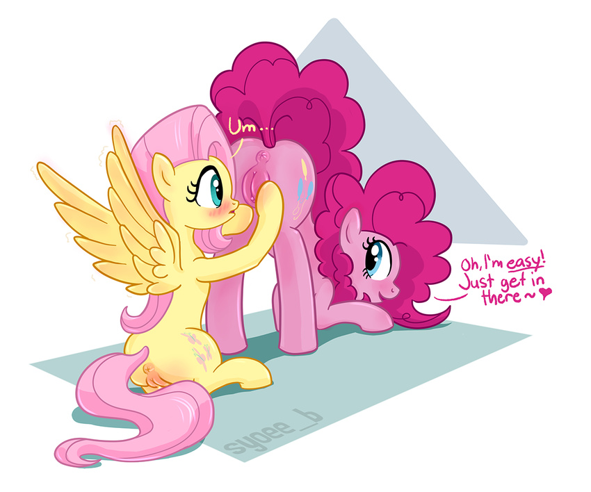 anus blue_eyes cutie_mark duo english_text equine female feral fluttershy_(mlp) friendship_is_magic fur green_eyes hair horse lesbian male mammal my_little_pony pegasus pink_fur pink_hair pinkie_pie_(mlp) plain_background pony presenting pussy stare syoee_b text wings yellow_fur