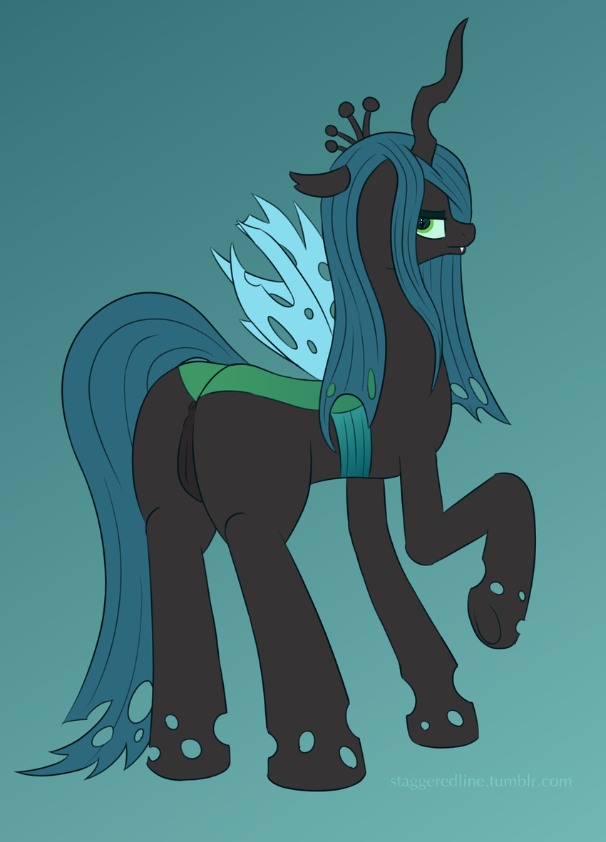 2014 anus black_body blue_hair butt changeling fangs female feral friendship_is_magic green_eyes hair my_little_pony pussy queen_chrysalis_(mlp) raised_leg solo staggeredline