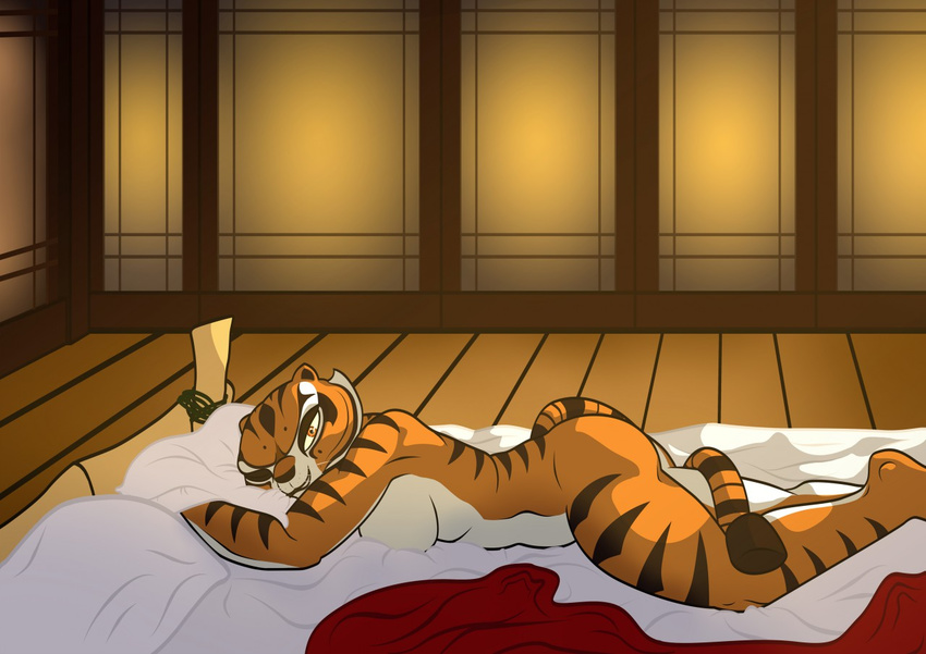 athos01 bed breasts butt dreamworks feline female kung_fu_panda looking_at_viewer mammal master_tigress muscles muscular_female one_eye_closed side_boob smile solo tiger