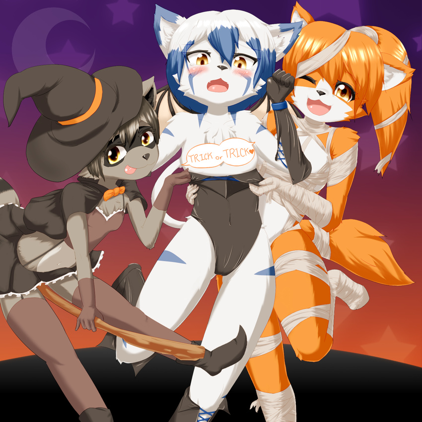 anthro canine convenient_censorship feline female fox halloween halloween_costume holidays kemono mammal rac raccoon tiger yellow_eyes