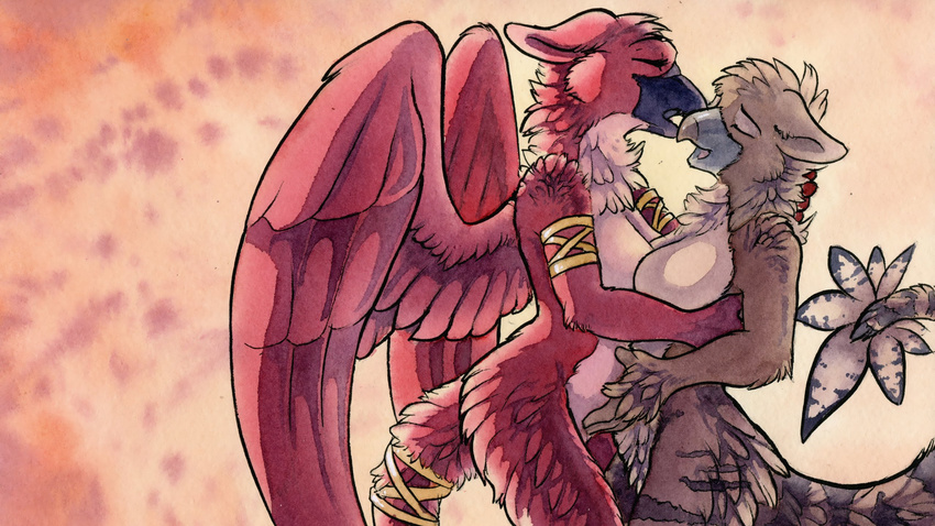 anthro avian beak big_breasts bird breasts duo feathers female gryphon kissing lesbian non-mammal_breasts nude ruaidri wings