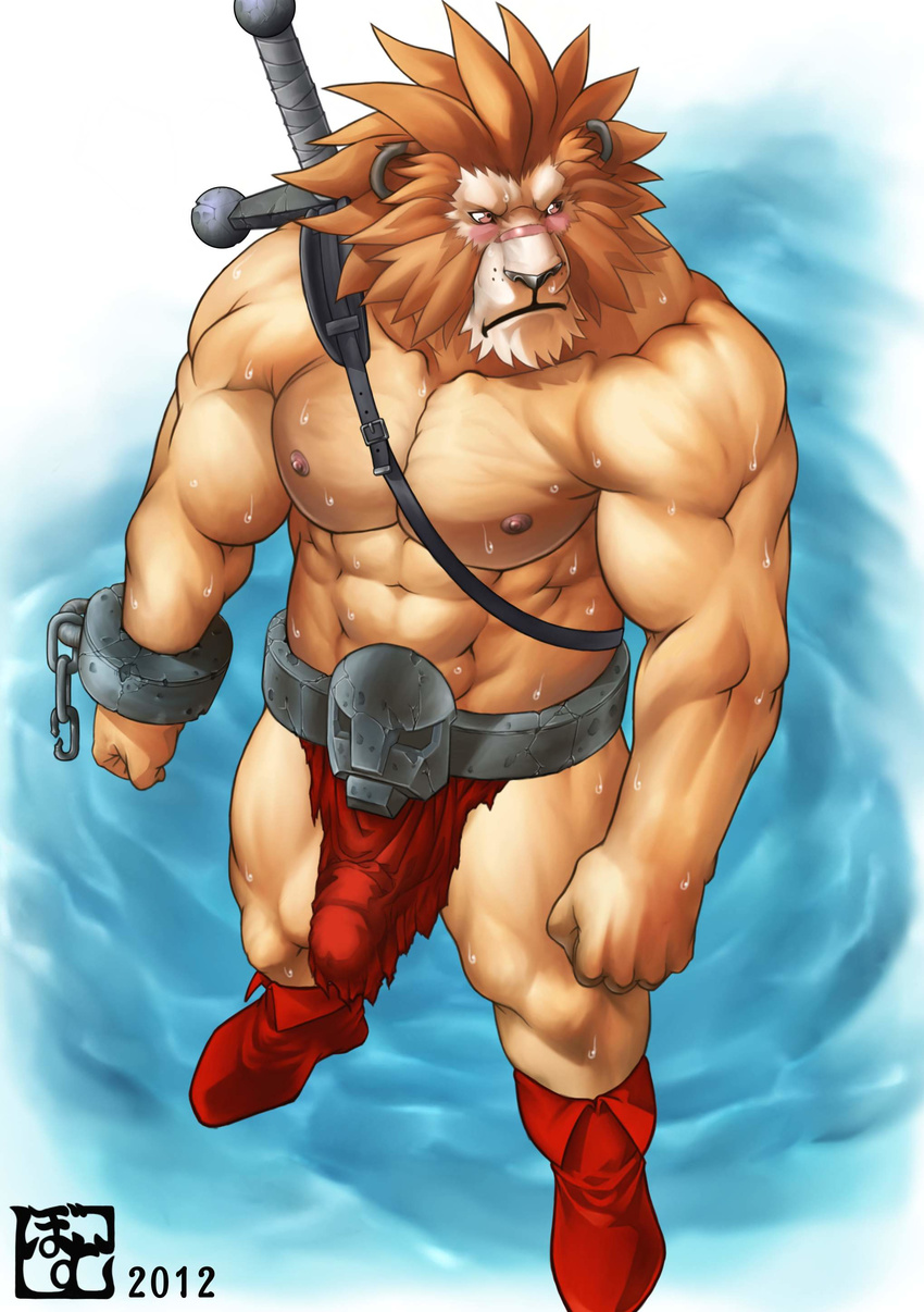 2012 abs belt biceps big_muscles bomb_(artist) boots brown_fur bulge clothed clothing feline footwear fur hair half-dressed leo_(red_earth) lion loincloth male mammal muscles nipples pecs red_earth scar solo strap sweat sword toned topless weapon