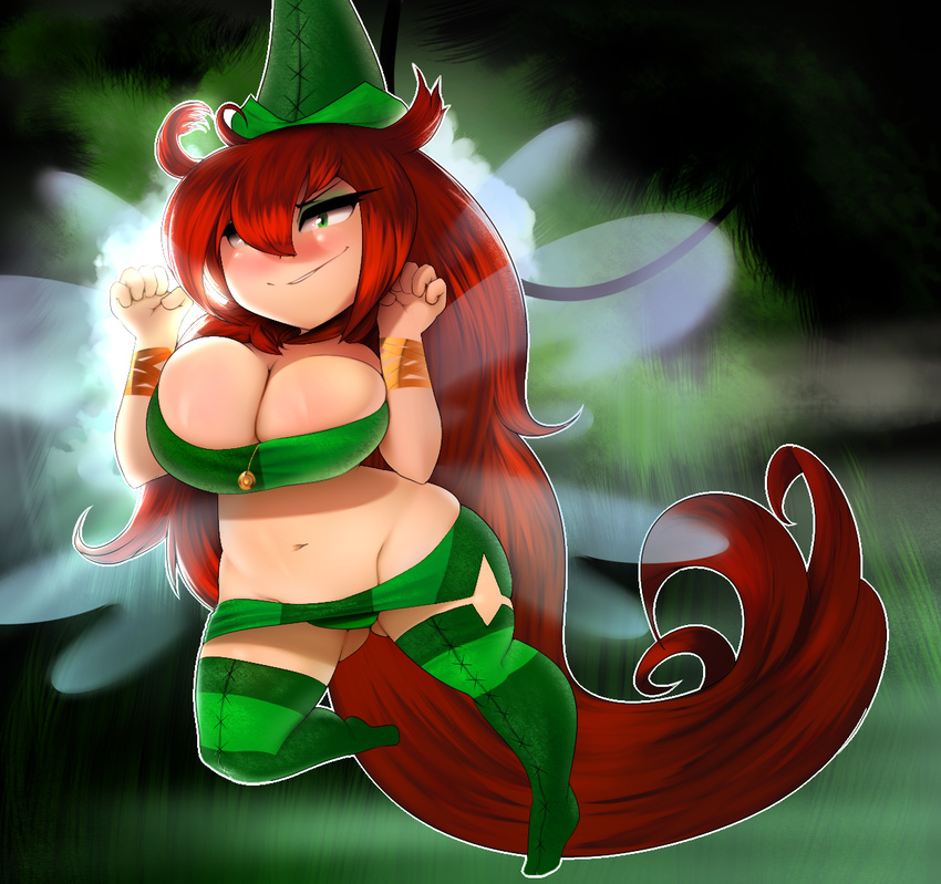 2014 betilla_(rayman) big_breasts blush breast_grab breast_squeeze breasts cleavage clothed clothing fairy female hair hat humanoid long_hair midriff miniskirt naughty_face navel nipples nymph plantpenetrator rayman rayman_(series) rayman_origins skimpy skimpy_outfit solo thick_thighs voluptuous wide_hips wings