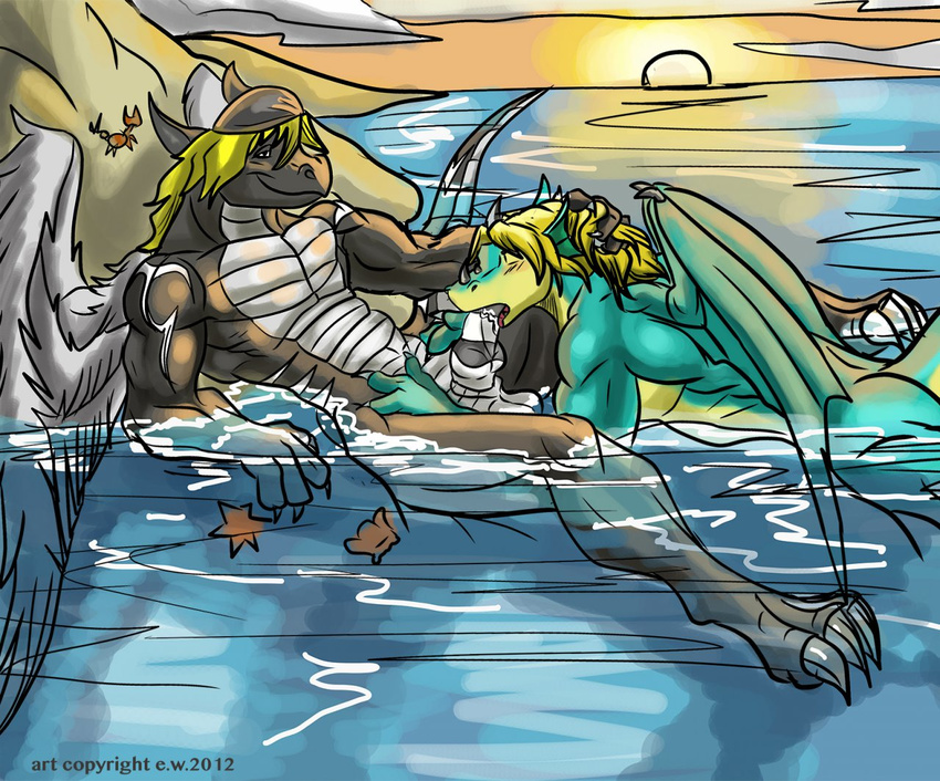 ambrosia_wolfhart anthro aquatic_dragon arthropod balls beach blonde_hair claws crab crustacean darkdragon23 dragon duo edania_wolfhart erection feathered_wings fellatio gay gentle hair hat holding_head knot lordsnape male marine niru_havsbrisen oral outside penis precum saliva scalie sea seashells seaside sex sunset tongue tribal_markings water western_dragon wings