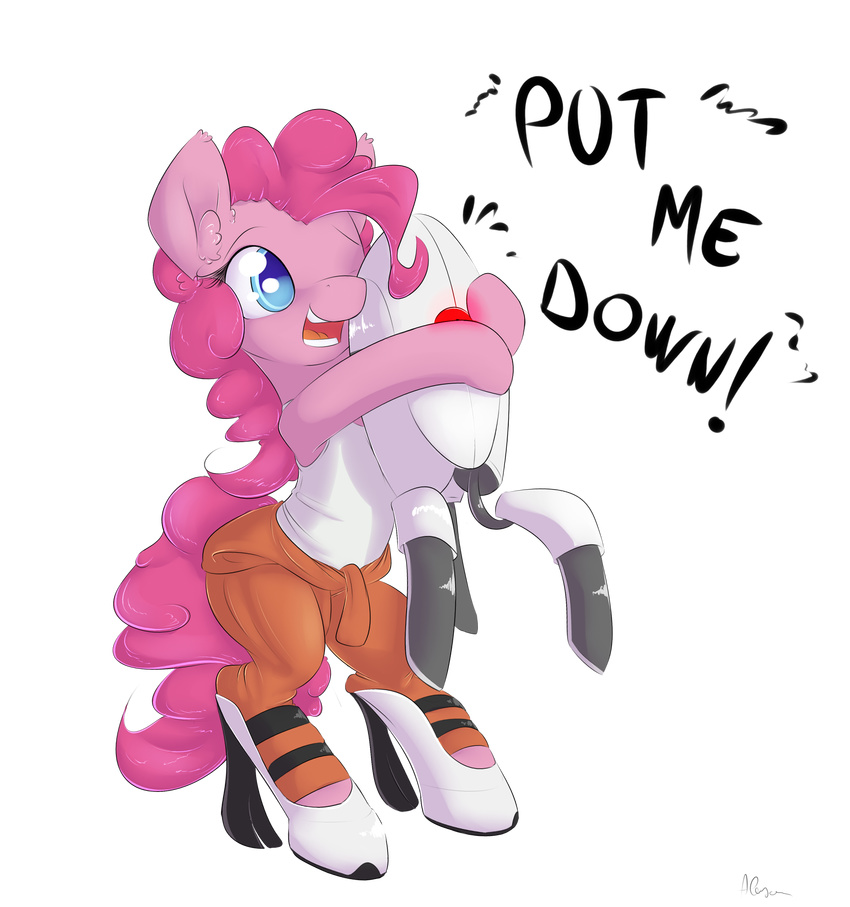 2014 alasou alpha_channel bipedal blue_eyes chell clothed clothing crossover earth_pony english_text equine female friendship_is_magic fur hair horse hug machine mammal mechanical my_little_pony one_eye_closed open_mouth pink_fur pink_hair pinkie_pie_(mlp) plain_background pony portal_(series) robot text transparent_background turret turret_(portal) valve video_games