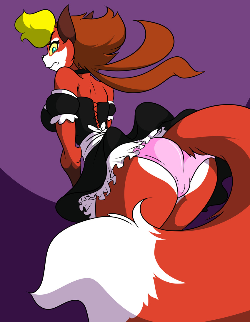 anthro big_butt blonde_hair breasts brown_hair butt cainesart canine carmesi clothing female fluffy_tail fox frown fur green_eyes hair las_lindas looking_back maid maid_uniform mammal panties panty_shot pink_panties red_fur side_boob skirt solo underwear white_fur