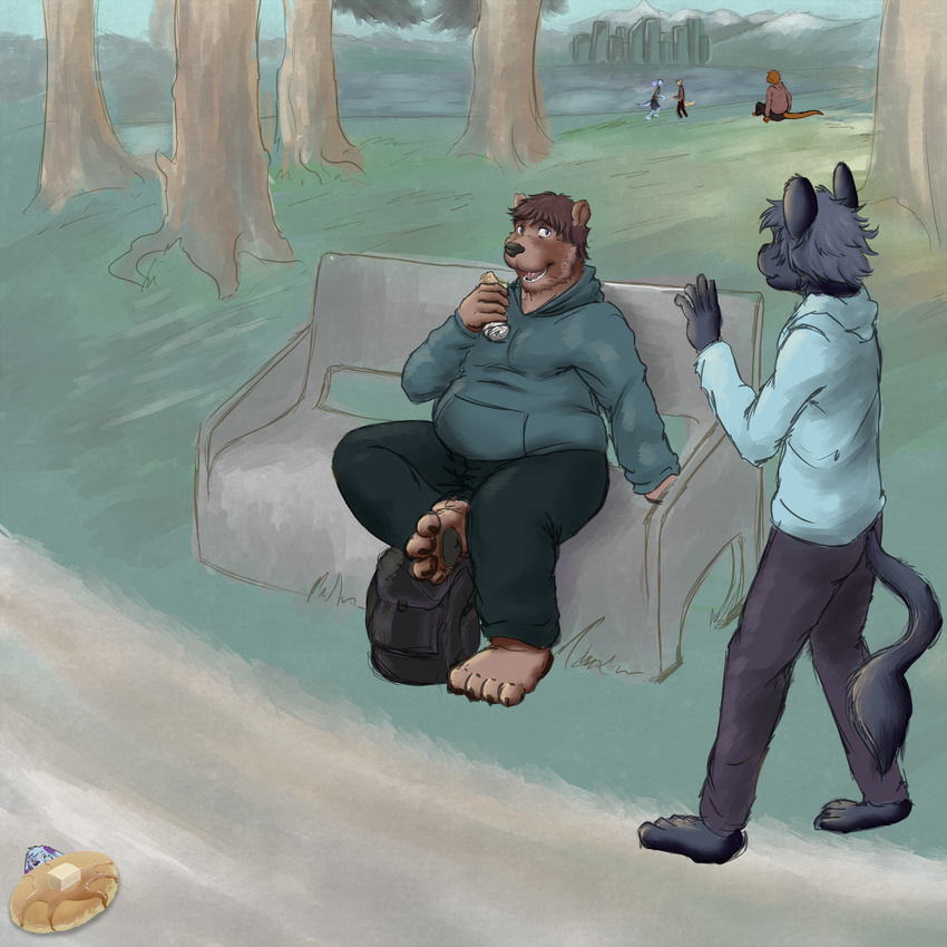 anthro backpack bear bench blue_eyes burrito chinchilla chubby city clothed clothing duo_focus grass group landscape male mammal menebunny mountain mustelid otter outside park paws rodent tree