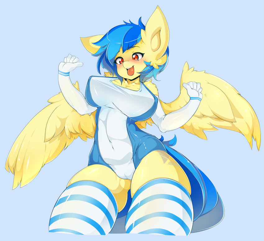 2014 anthro areola big_breasts blue_background blue_hair blue_nipples blush breasts clothing cream_fur elbow_gloves equine fan_character female fur gloves hair legwear mammal my_little_pony nipples open_mouth orange_eyes pegasus plain_background silvia_windmane slugbox solo swimsuit teeth thigh_high tongue tongue_out wings