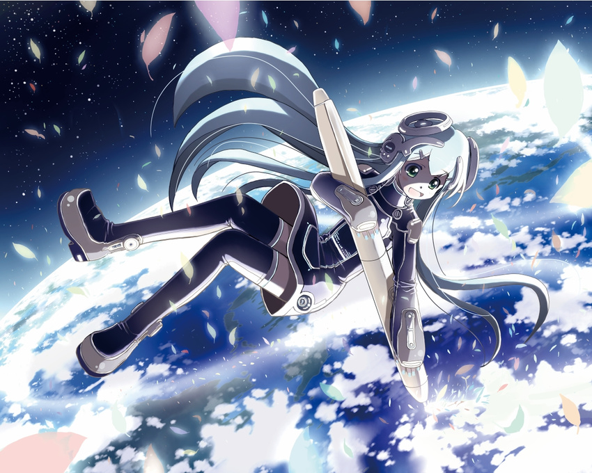 aqua_hair bad_id bad_pixiv_id boots earth floating_hair green_eyes leaf long_hair mochizuki_saku original solo space stylus thigh_boots thighhighs very_long_hair