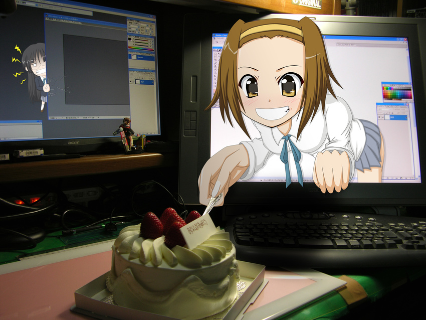 akiyama_mio anger_vein birthday cake clenched_teeth computer crack food grin hairband highres k-on! multiple_girls pastry school_uniform smile su-35_(artist) tainaka_ritsu teeth through_screen wacom