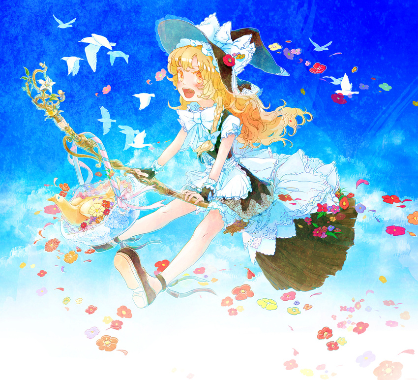 bad_id bad_pixiv_id bird blonde_hair braid broom broom_riding fingerless_gloves flower gloves hat kirisame_marisa long_hair okari solo touhou witch_hat yellow_eyes