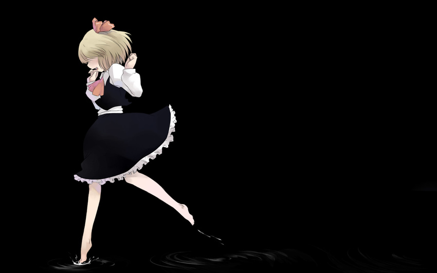 barefoot blonde_hair darkness feet hair_ornament hair_ribbon highres mikage_sekizai ribbon ripples rumia short_hair solo touhou walking walking_on_liquid wallpaper water