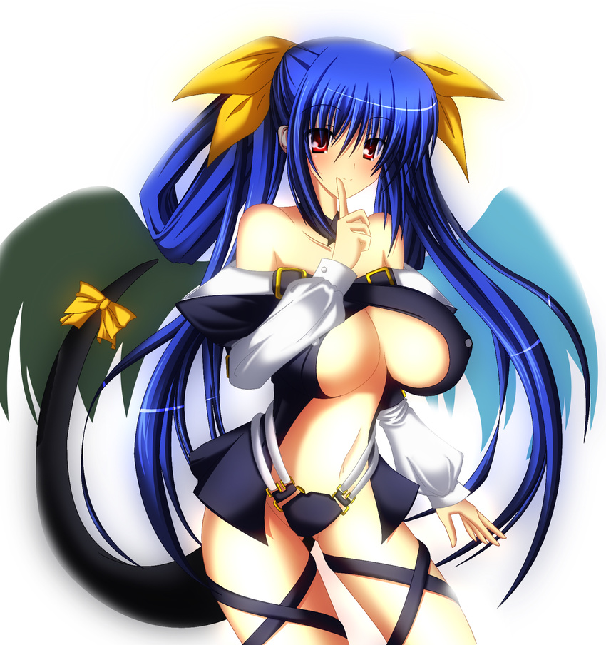 asymmetrical_wings blue_hair blush bow breasts choker chubame cleavage dizzy finger_to_mouth guilty_gear hair_bow highres large_breasts long_hair midriff red_eyes ribbon solo tail tail_raised tail_ribbon twintails underboob wings