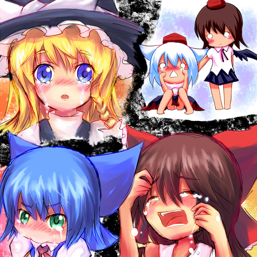 animal_ears ayakashi_(monkeypanch) bad_id bad_pixiv_id black_wings blonde_hair blue_eyes blue_hair blush bow braid brown_hair chibi cirno crying crying_with_eyes_open green_eyes hakurei_reimu hat highres inubashiri_momiji kirisame_marisa multiple_girls open_mouth purple_eyes sad shameimaru_aya short_hair tears tokin_hat touhou white_hair wings witch_hat wolf_ears