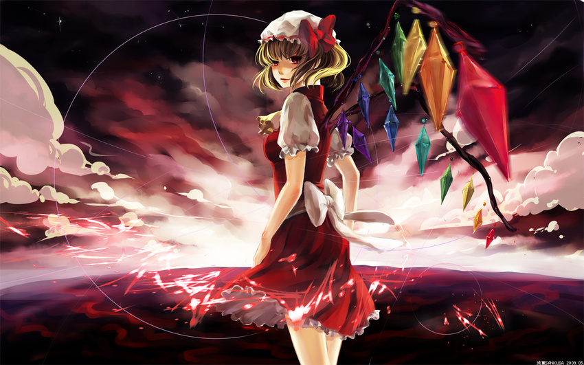 blonde_hair flandre_scarlet hat ponytail red_eyes sankusa short_hair side_ponytail solo touhou wallpaper wings