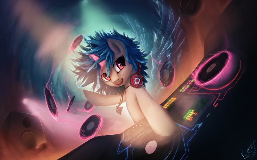 2014 blue_hair equine female feral friendship_is_magic fur glowing hair headphones hi_res horn id_card levitation magic mammal my_little_pony open_mouth rain-gear record record_player solo sparkles turntable two_tone_hair unicorn vinyl_scratch_(mlp) white_fur wings