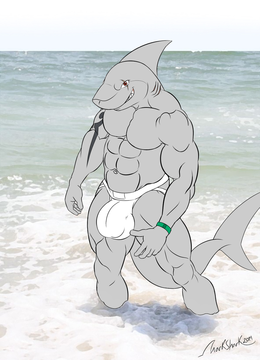 abs andrew_(mrisolet) anthro biceps big_muscles bracelet bulge clothing fangs fin fish grey_skin grin jewelry jockstrap male marine markshark_(artist) mrisolet muscles pecs pose red_eyes scales scar sea shark smile solo standing tattoo teeth toned topless underwear water wristband