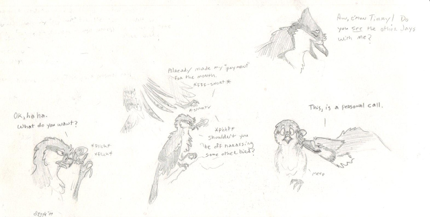 ambiguous_gender avian bird blue_jay comic dialogue duo english_text evan_(windpaw) feather feral grin monochrome shrike text timothy_(windpaw) traditional_media_(artwork) windpaw