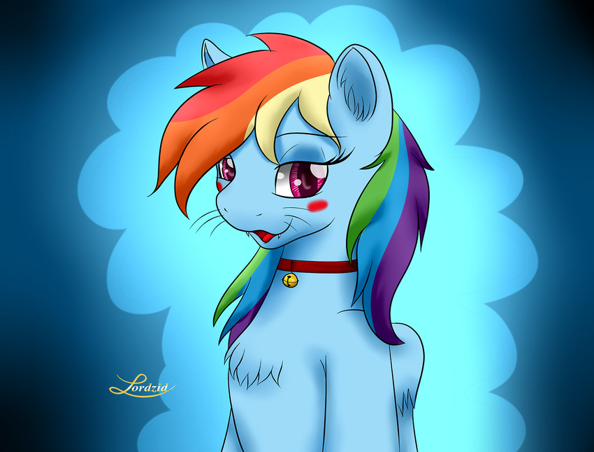 2014 blue_fur blush cat chest_tuft collar eyelashes fangs feline female friendship_is_magic fur hair lordzid mammal multicolored_hair my_little_pony rainbow_dash_(mlp) rainbow_hair solo tuft whiskers wings