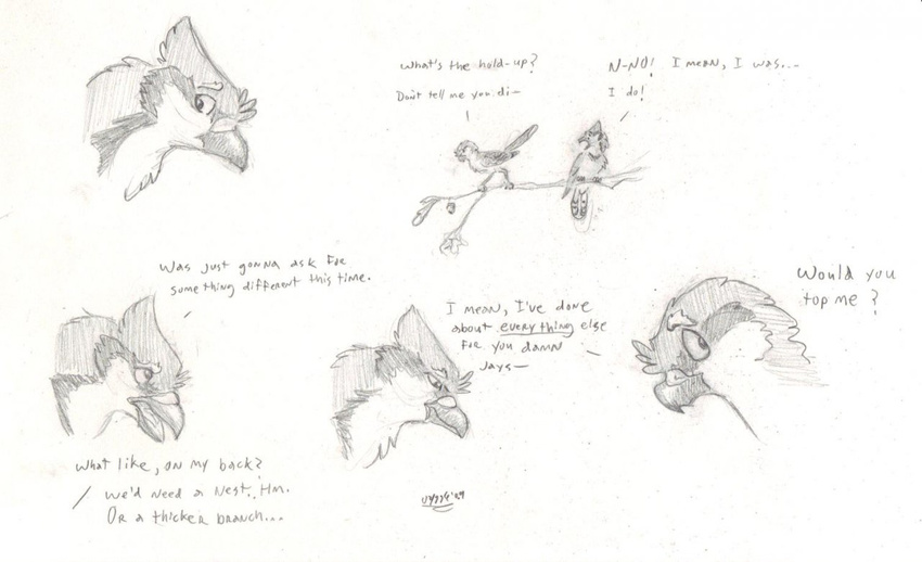 ambiguous_gender avian bird blue_jay comic dialogue english_text evan_(windpaw) feral in_tree monochrome shrike text timothy_(windpaw) traditional_media_(artwork) windpaw