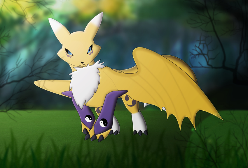 ambiguous_gender bandai blue_eyes crossover digimon dragon feral feralized grin how_to_train_your_dragon nature night_fury outside renamon solo toothless wings yellow_skin