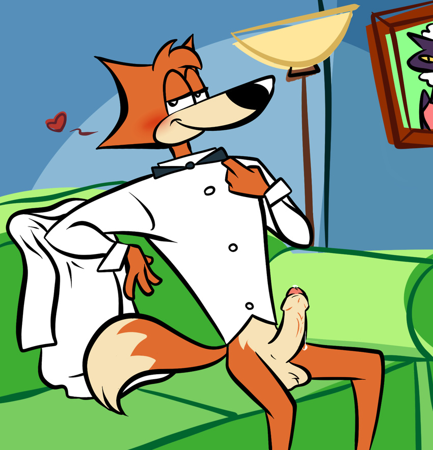 &lt;3 anthro balls bedroom_eyes bottomless bow_tie canine clothed clothing erection fox half-closed_eyes half-dressed ladysomnambule looking_at_viewer male mammal penis precum seductive shirt smile sofa solo spy_fox spy_fox_(series) uncut