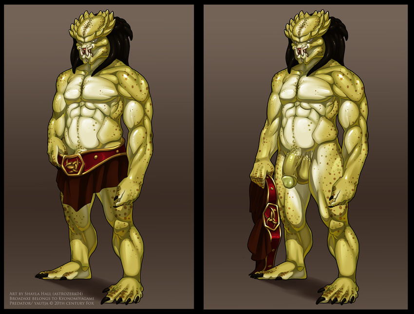 abs alien astrozerk04 balls belt biceps claws clothed clothing fangs flaccid green_skin half-dressed humanoid_penis loincloth male muscles nude pecs penis pose predator_(franchise) scales solo standing teeth toe_claws toned topless yautja yellow_penis