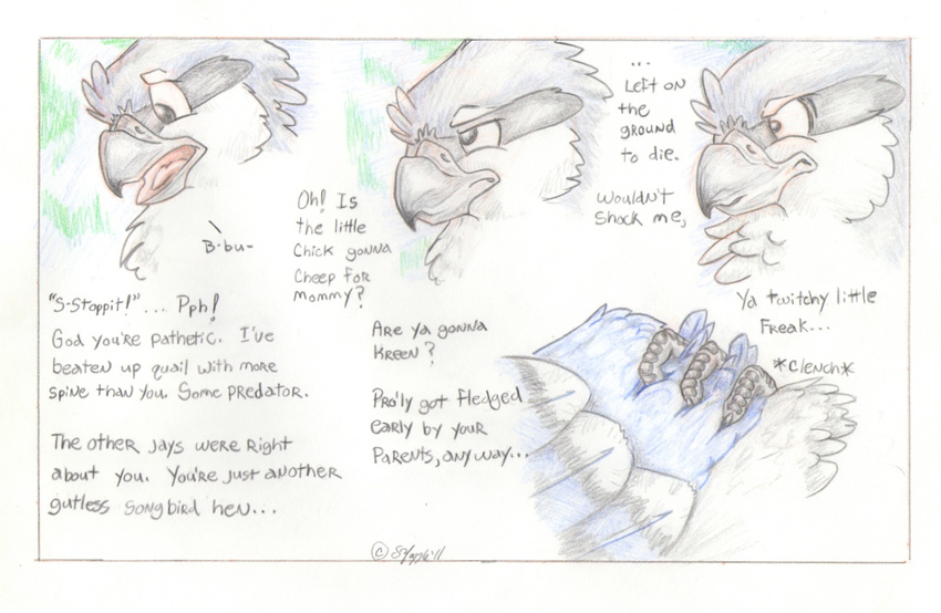 ambiguous_gender angry annoyed avian bird blue_jay comic dialogue english_text evan_(windpaw) feral feral_on_feral looking_back lying on_front on_top shrike talons teasing text timothy_(windpaw) traditional_media_(artwork) windpaw