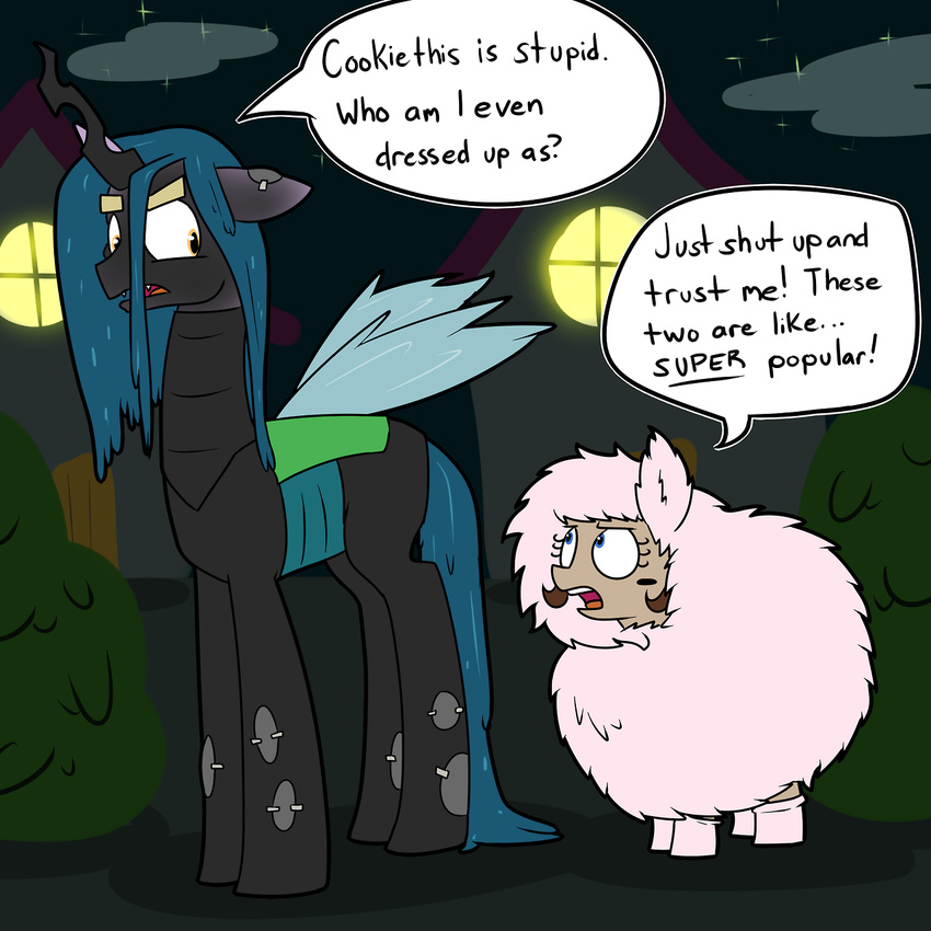 2014 changeling costume dialogue duo english_text equine fan_character female fluffle_puff friendship_is_magic halloween holidays horn horse male mammal my_little_pony pegasus queen_chrysalis_(mlp) strangerdanger text unicorn wings