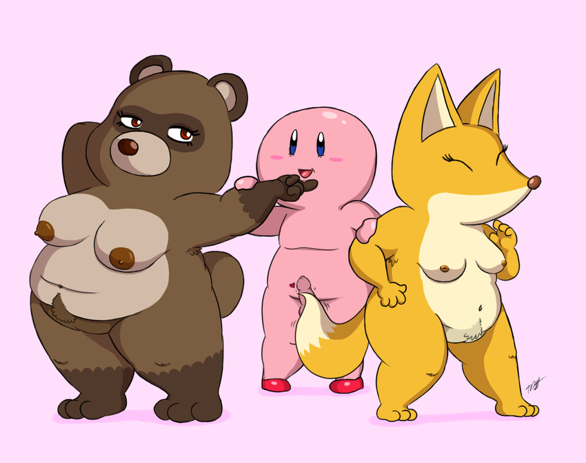 alien anthro blue_eyes blush breasts brown_nipples canine female fox group inverted_nipples kirby kirby_(series) male mammal nintendo nipples overweight penis pussy raccoon red_eyes timoteihiv video_games