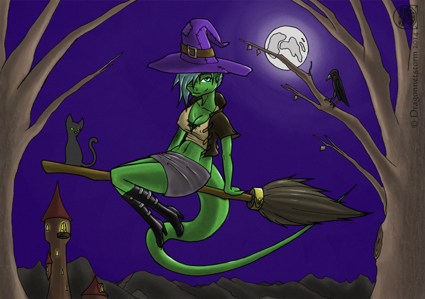 anthro avian bird blue_hair breasts broom cat clothed clothing dragonnetstorm evening feline female feral full_moon group hair halloween hat holidays lizard lizzy magic_user mammal midair moon night outside raven reptile reptilian scalie sitting sky solo_focus tree witch