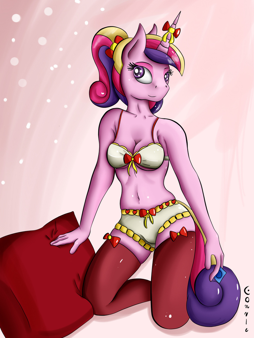 abstract_background anthro bedroom_eyes bra breasts cleavage clothed clothing condom conrie equine female friendship_is_magic fur hair hi_res hooves horn kneeling legwear long_hair looking_at_viewer mammal multicolored_hair my_little_pony navel panties pillow pink_fur princess_cadance_(mlp) purple_eyes smile solo stockings underwear unicorn