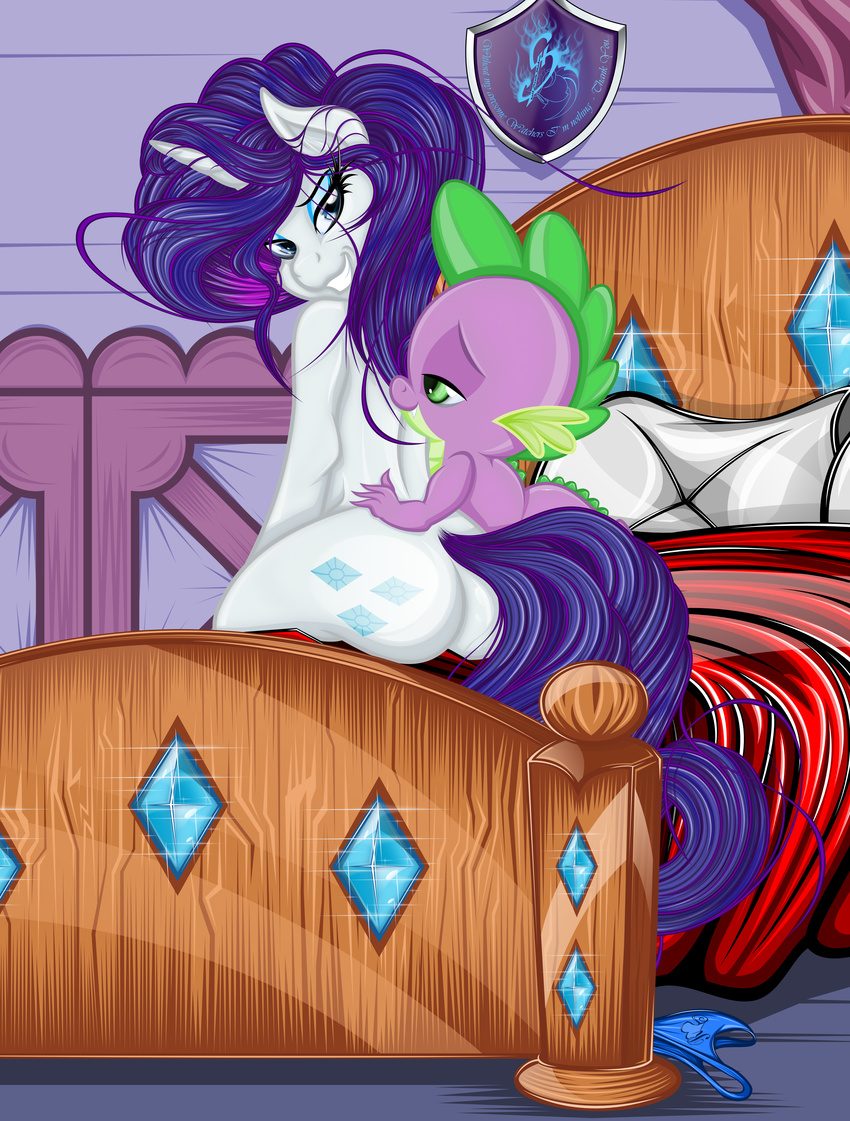 2014 absurd_res anthro bed blue_eyes butt clothing cutie_mark diamond dragon duo equine eyeshadow female feral friendship_is_magic green_eyes hair halfdeathshadow hi_res holding horn looking_at_viewer looking_back makeup mammal my_little_pony panties pillow plaque purple_hair rarity_(mlp) scalie sitting smile sparkles spike_(mlp) underwear unicorn