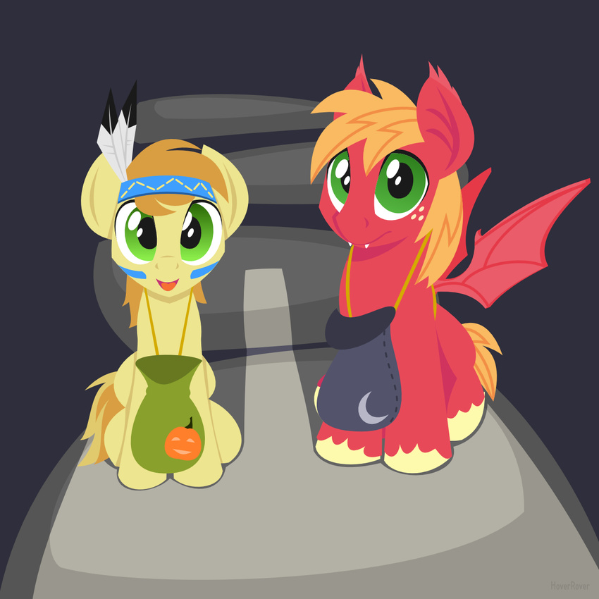 bag big_macintosh_(mlp) braeburn_(mlp) cute duo earth_pony equine face_paint friendship_is_magic halloween holidays horse hoverrover indian looking_at_viewer male mammal membranous_wings my_little_pony pony sitting smile tiny_wings trick_or_treating vampire wings