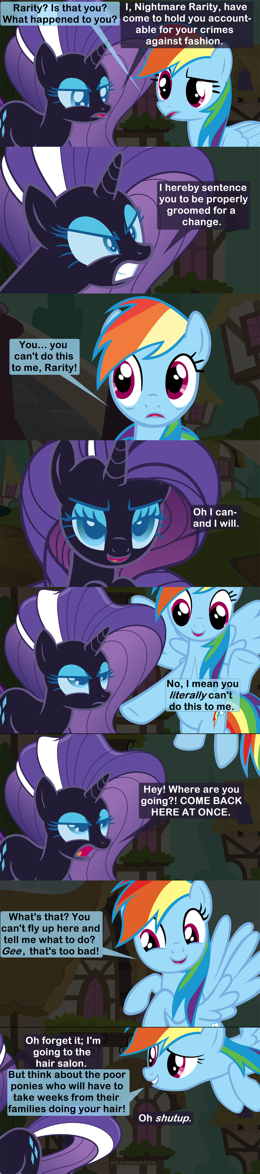 2014 beavernator blue_eyes comic costume cutie_mark dialogue english_text equine female feral flying friendship_is_magic hair horn horse house mammal multicolored_hair my_little_pony nightmare_rarity_(mlp) outside pegasus ponyville purple_eyes purple_hair rainbow_dash_(mlp) rainbow_hair rarity_(mlp) sparkles text two_tone_hair unicorn white_hair wings