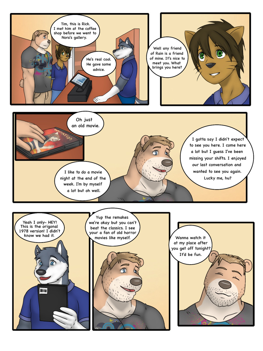 anthro bear biceps black_nose blue_eyes canine cat clothing comic dog eyes_closed facial_hair feline green_eyes hair husky male mammal muscles pecs rain-yatsu rainier rick seattle_fur tim