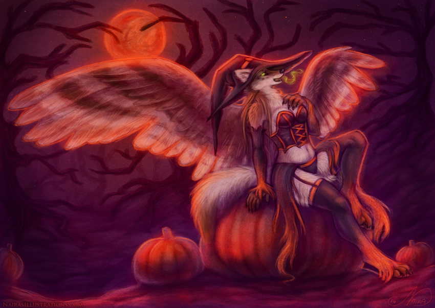 anthro canine clothed clothing female halloween holidays magic_user mammal naira pumpkin sitting skimpy solo wings witch wolf