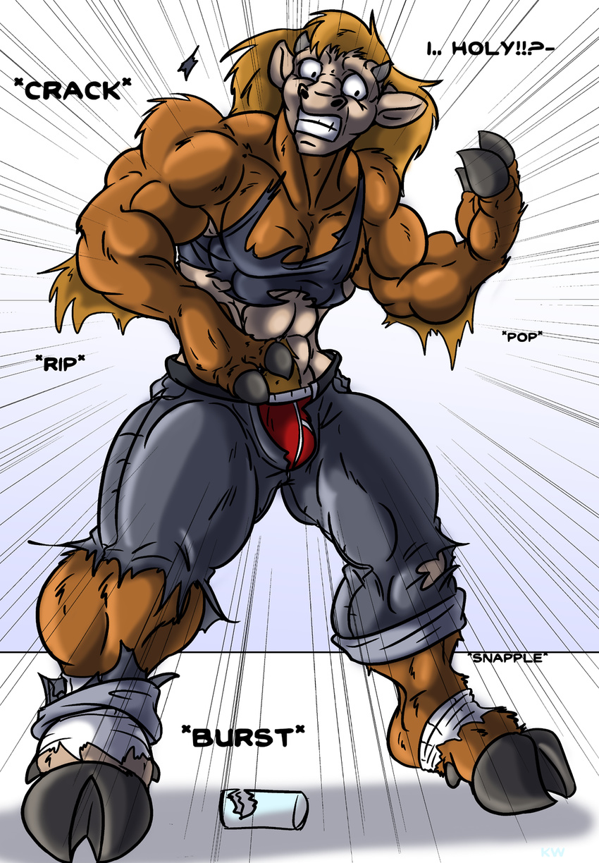 big_muscles bovine cattle clothing hair horn human keanon_woods long_hair male mammal muscle_growth muscles solo torn_clothing transformation