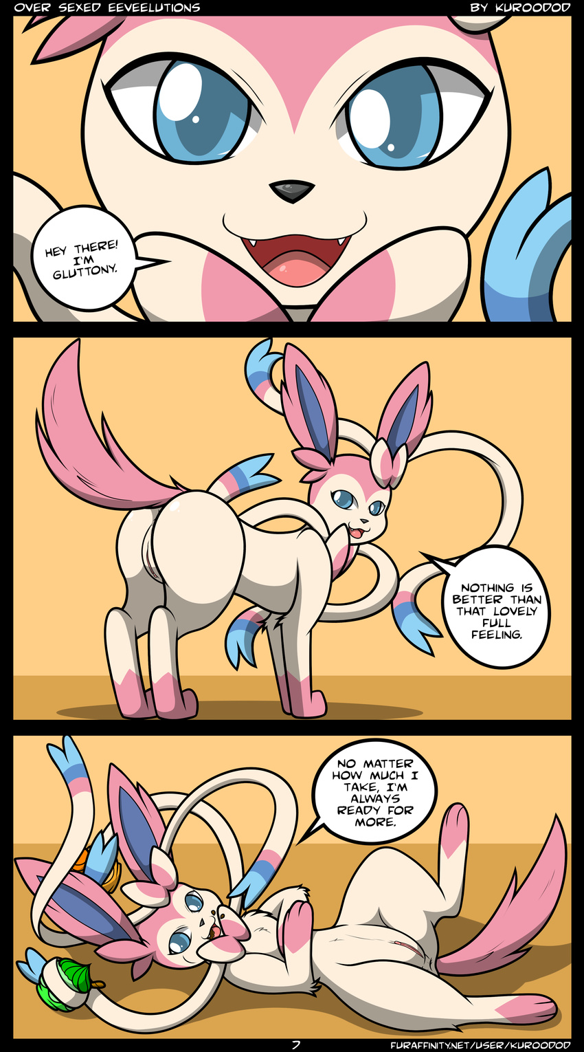 2014 absurd_res anus blue_eyes bow butt dialogue eating eeveelution english_text female feral food fur hi_res kuroodod looking_at_viewer looking_back lying mammal nintendo on_back open_mouth pink_fur pok&eacute;mon presenting pussy solo standing sylveon text video_games white_fur