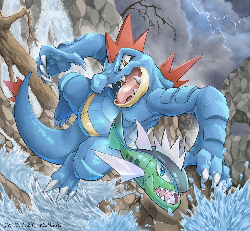 absurdres animal_focus basculin basculin_(blue) claws cloud cloudy_sky commentary_request feraligatr fish highres katkichi lightning no_humans open_mouth outdoors pokemon pokemon_(creature) sharp_teeth shiny sky splashing teeth tongue water yellow_eyes