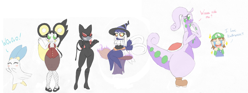 big_breasts bit-small blush bodysuit boots breasts catsuit catwoman cleavage clothed clothing cosplay costume dress emolga english_text eyewear female fishnet flat_chested ghost goggles goodra group halloween high_heels holidays huge_breasts human legwear luigi magic_user male mammal mario_bros minun nintendo pok&eacute;mon skinsuit slime small_breasts sneasel spirit text tight_clothing vampire video_games whip witch yoshi