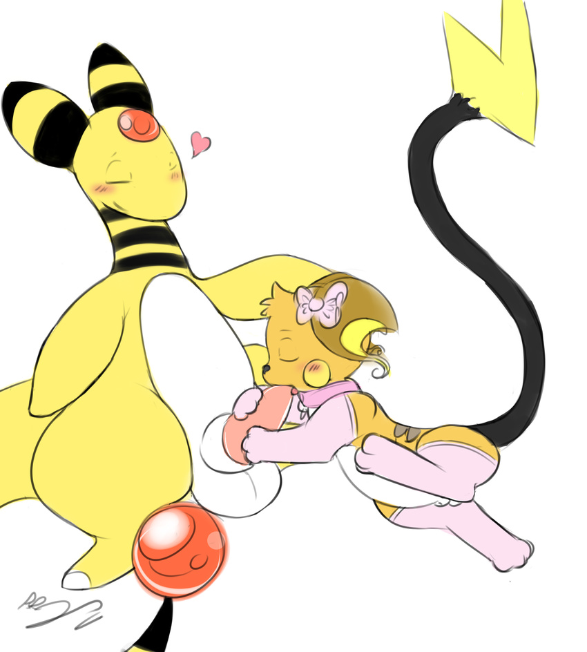 &lt;3 afterglow_the_ampharos ampharos balls blush crossdressing duo elbow_gloves eyes_closed feral feral_on_feral gay girly gloves hair_bow hand_on_head holding_penis legwear looking_pleasured male nintendo oral penis pok&eacute;mon raichu rairai rairai_(character) sex sheath size_difference smile stockings thigh_highs video_games young