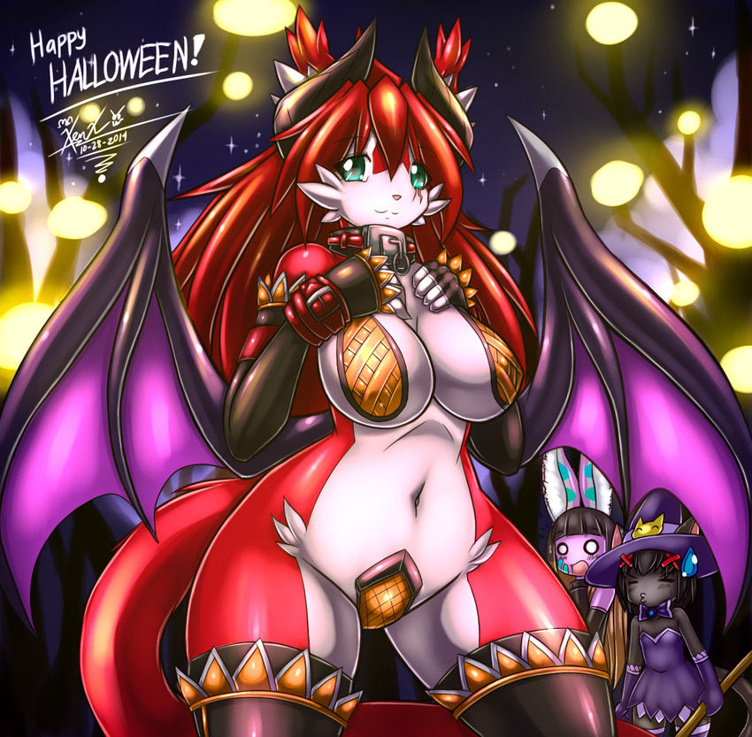 2014 anthro big_breasts black-kat black_hair blue_eyes bow_tie breasts cinacune clothed clothing collar demon_horns english_text eyes_closed feline female group hair hat horn lagomorph long_ears long_hair looking_at_viewer mammal membranous_wings mnxenx001 navel night open_mouth rabbit red_hair scar shocked skimpy standing text wide_hips wings witch_hat xennie